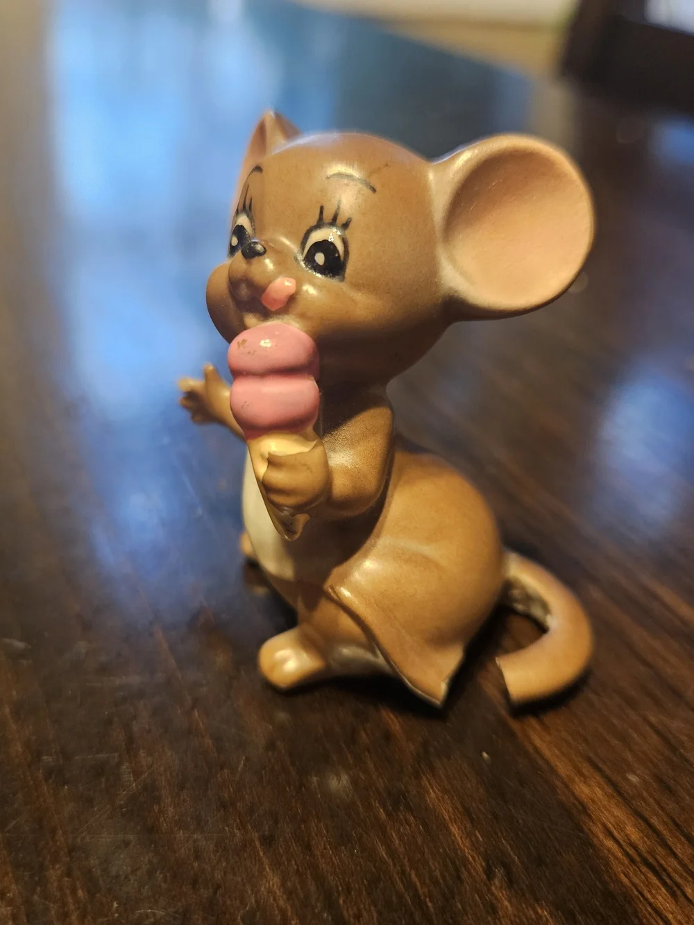 Vintage Brown Ceramic Mouse Figurine with Pink Ice Cream Treat